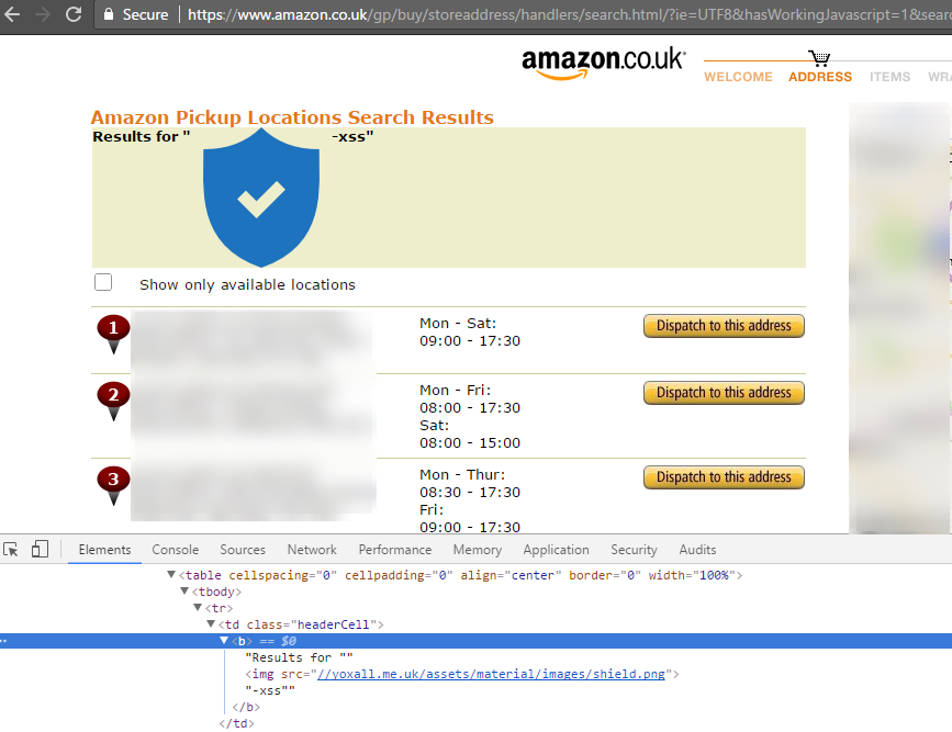 HTML injection in Amazon pickup location search results