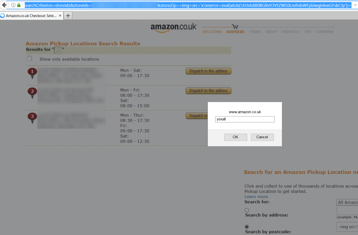 XSS prompt dialog firing on amazon.co.uk