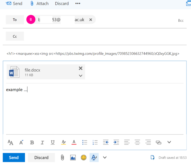 Email with XSS payload in the subject field